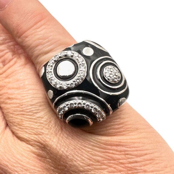 Belle Etoile Sterling Silver Black Enamel Clear Stone Statement Ring Size 7 - Picture 4 of 5